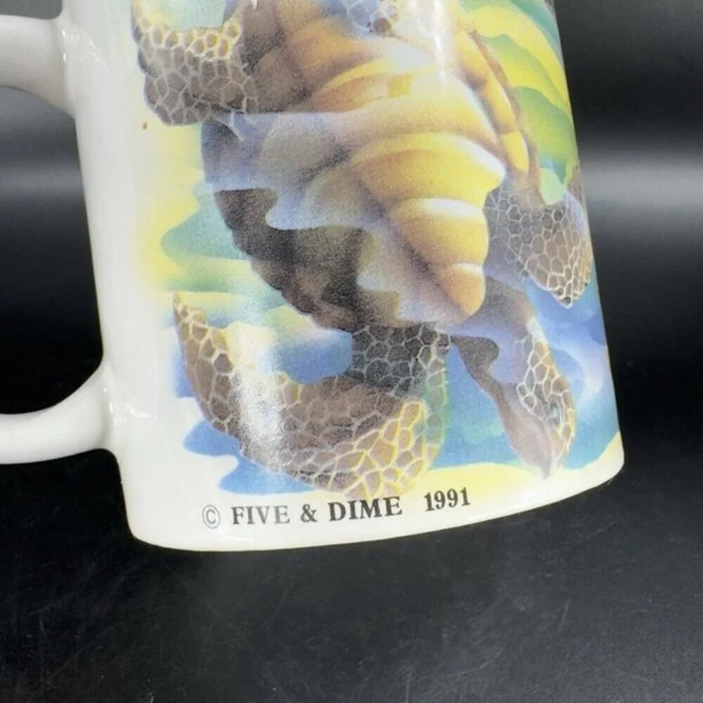 1991 Fine And Dime Coffee Mug Cup Ceramic GREEN SEA TURTLE MUG Made In Korea VTG